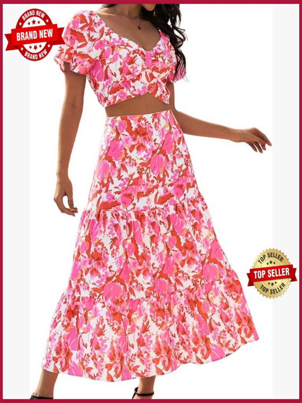 2 Piece Skirt Set Matching Top & Long Floral Boho Outfit
